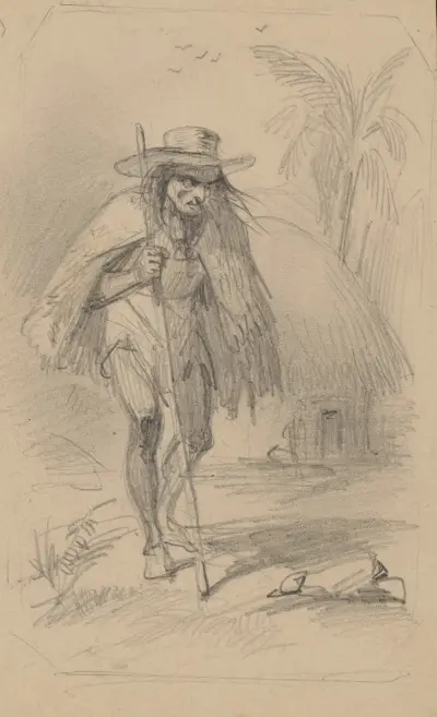 Bonde med stav, stor hatt och kort cape, halmtakshydda i bakgrunden av Felix Octavius Carr Darley