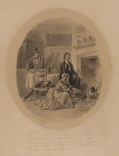 Scene from The Pickwick Club; man and woman working at fireplace av Felix Octavius Carr Darley