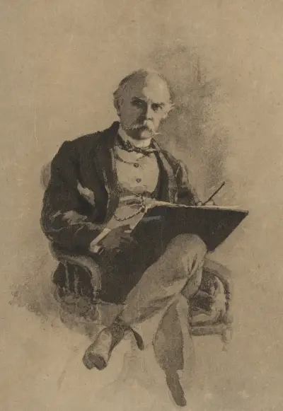 Sittande man med vit mustasch, skrivande eller målande föremål i knät av Felix Octavius Carr Darley