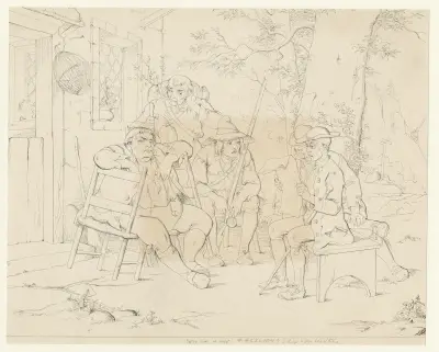 The schoolmaster reads from an old newspaper to the village sages assembled before the inn av Felix Octavius Carr Darley