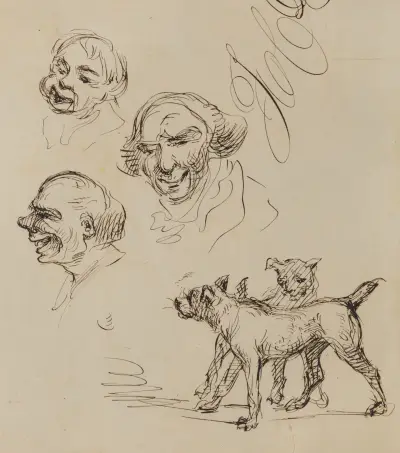 Tre manshuvuden och två hundar av Felix Octavius Carr Darley
