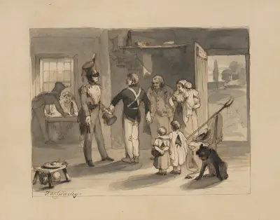 Three soldiers with a family and dog av Felix Octavius Carr Darley