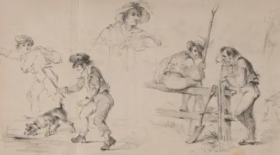 Two peasants resting on a fence; a woman; two children playing with a dog av Felix Octavius Carr Darley