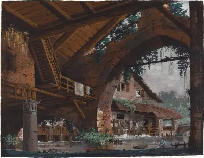 Arkitektonisk fantasi med antika ruiner och en vattenkvarn av Caspar Wolf