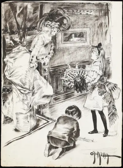 A girl shows her doll to a woman, while a boy plays with a toy train on the floor. av Rose Cecil O'Neill