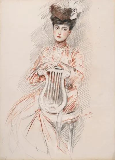 Elegant kvinna vid lyra-stol av Paul César Helleu