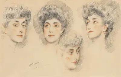 Fyra huvudstudier av en dam, traditionellt identifierad som Mrs Gertrude Vanderbilt Whitney av Paul César Helleu