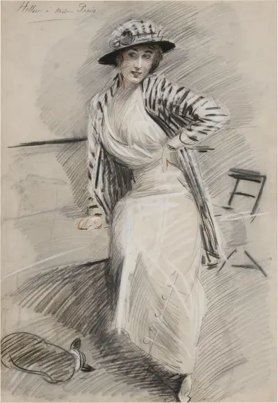 Madame Paris sittande på en bänk av Paul César Helleu