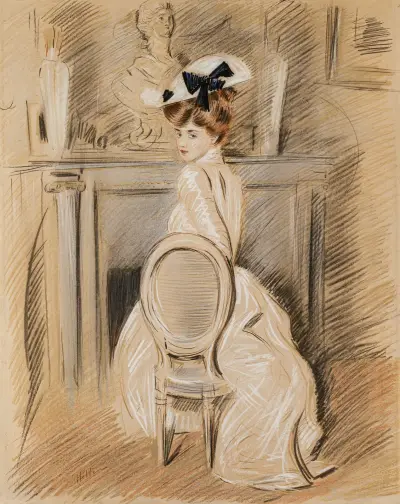 Portrait of Alice Helleu in front of the fireplace av Paul César Helleu