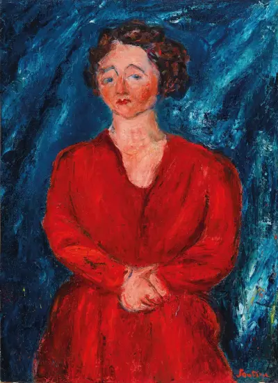 Frau in Rot vor blauem Hintergrund von Chaïm Soutine