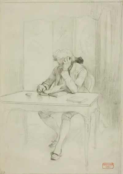 Man in Eighteenth-Century Dress, Seated at Table and Reading av Charles Bargue