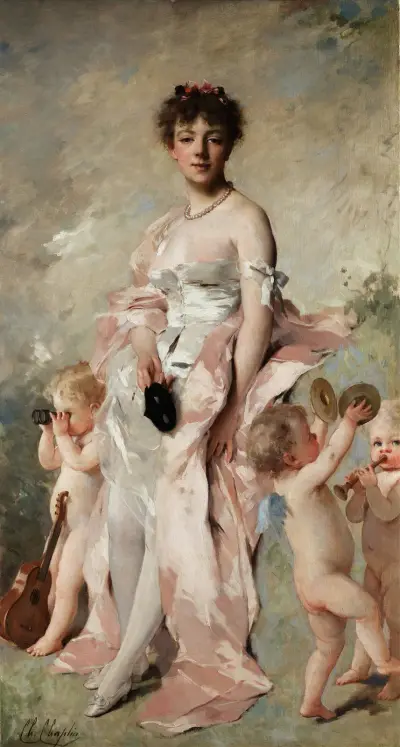 Young woman in ball dress with putti (by 1891) av Charles Chaplin