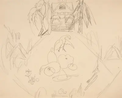 Untitled [doves, fruits, vegetables, house, written notes] av Charles Demuth