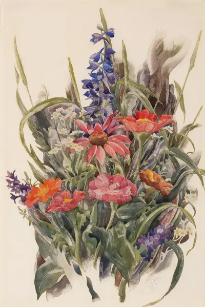 Zinnias, Larkspur and Daisies av Charles Demuth