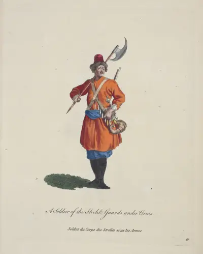 A soldier of the Strelitz guards under arms. Soldat du corps des Strelits sous les armés. av Charles Grignion