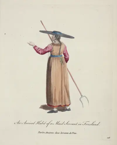 Ein alter Brauch bei einer Dienerin in Friesland. Parûre ancienne d’une servante de Frise. von Charles Grignion