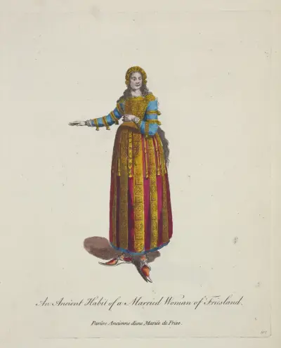 An ancient habit of a married woman of Friesland. Parûre ancienne d’une mariée de Frise. av Charles Grignion