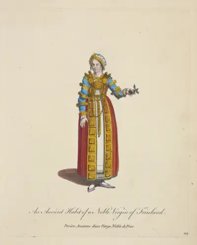 Alte Tracht einer adligen Jungfrau aus Friesland von Charles Grignion