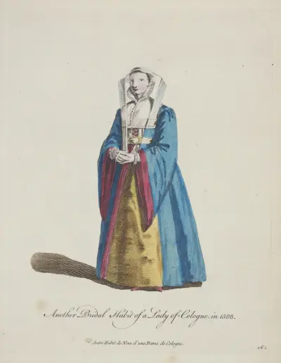 Another bridal habit of a lady of Cologne in 1588. Autre habit noce d’une dame de Cologne. av Charles Grignion