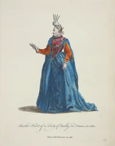 Ein weiterer Habitus einer Dame von Stand in Frankreich im Jahr 1581. Damoiselle Francoise im Jahr 1581 von Charles Grignion