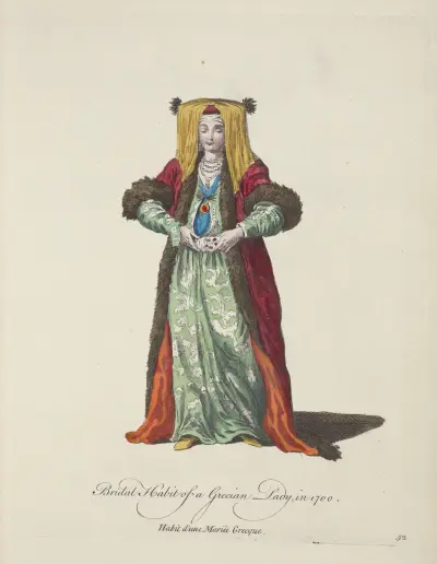 Bridal habit of a Grecian lady in 1700. Habit d’une mariée Grecque. av Charles Grignion