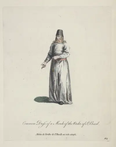 Gewöhnliche Tracht eines Mönchs des Basilianerordens. Moine de l’ordre de St. Bazill en robe simple. von Charles Grignion
