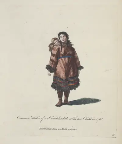 Běžný oděv Kamčadala s dítětem v roce 1768. Kamčadal ve svém obvyklém oděvu, Charles Grignion
