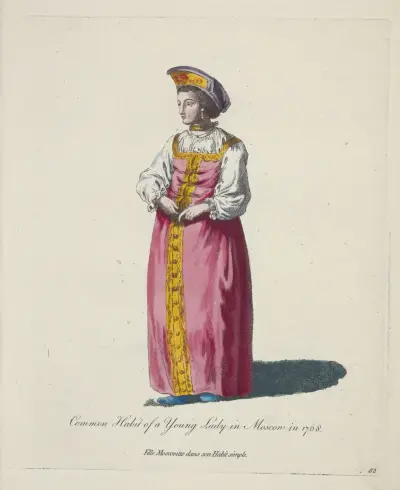 Common habit of a young lady in Moscow in 1768. Fille Moscovitte dans son habit simple, Charles Grignion