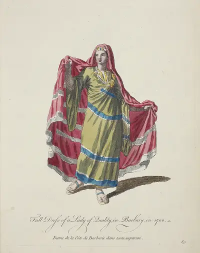 Full dress of a lady of quality in Barbary in 1700. Dame de la Côte de Barbarie dans tout saparure. av Charles Grignion
