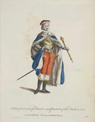 Habit of a count of Flanders and protector of the Dutch in 1582. av Charles Grignion