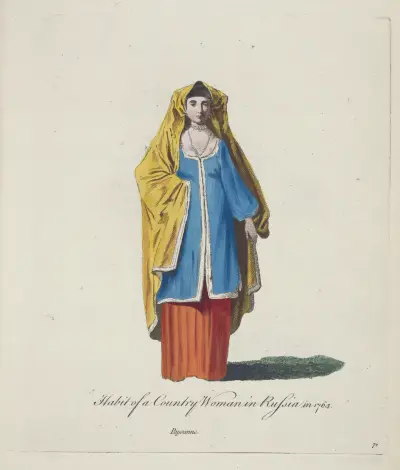 Dräkt av en landsbygdskvinna i Ryssland 1764. Paysanne. av Charles Grignion