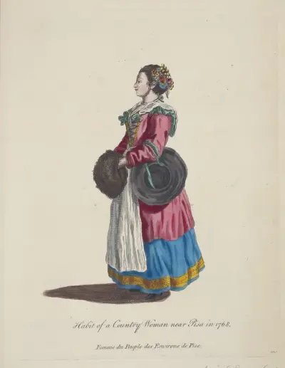 Habit of a country woman near Pisa in 1768. Femme du peuple des environs de Pise. av Charles Grignion