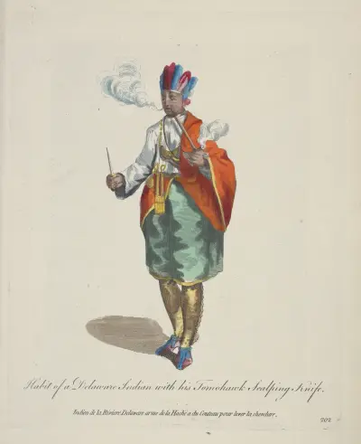 Habit of a Delaware Indian with his tomohawk scalping knife av Charles Grignion