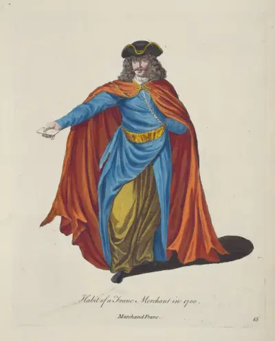 Oblečení francouzského obchodníka v roce 1700. Marchand Franc., Charles Grignion