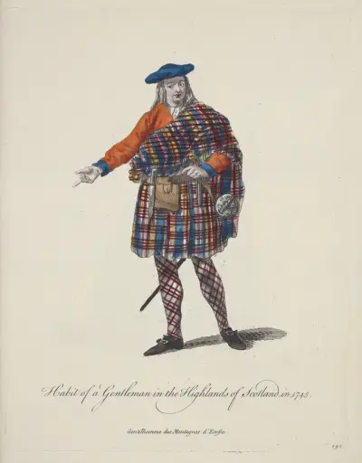 Habit of a gentleman in the highlands of Scotland in 1745. Gentilhomme des montagnes d’Ecosse. av Charles Grignion