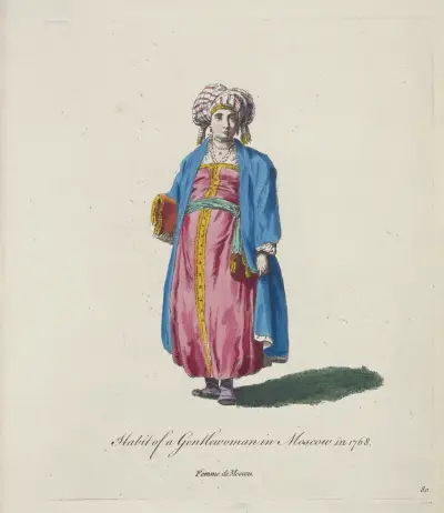 En fin dams dräkt i Moskva 1768. Femme de Moscou. av Charles Grignion