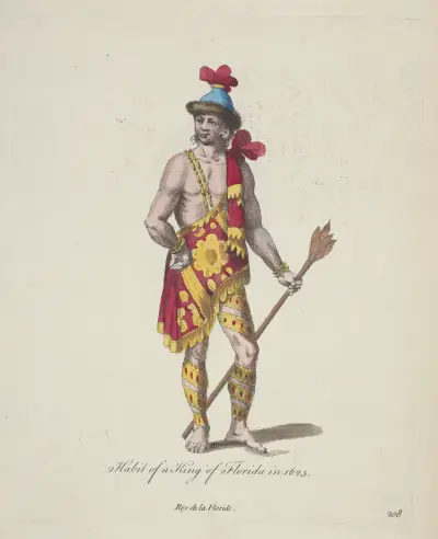 Dräkt för en kung av Florida 1625. Roy de la Floride. av Charles Grignion