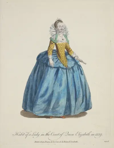 Dräkt för en dam vid drottning Elizabeths hov 1559 av Charles Grignion
