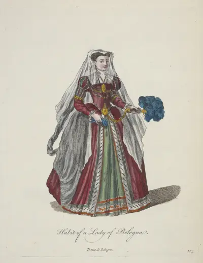 Habit of a lady of Bologna. Dame de Bolonge. av Charles Grignion