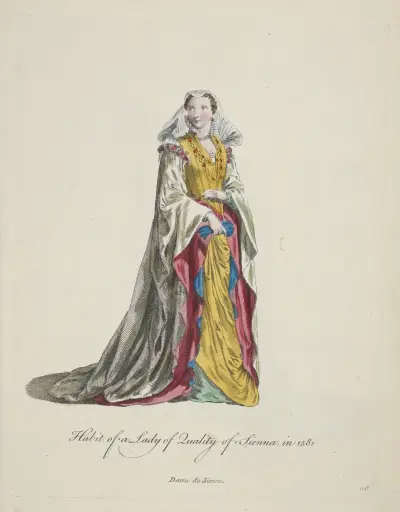 Habit of a lady of quality of Sienna in 1581. Dame de Sienne. av Charles Grignion