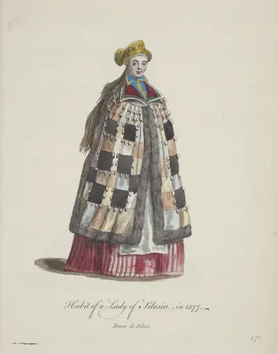 Habit of a lady of Silesia in 1577. Dame de Silésie. av Charles Grignion