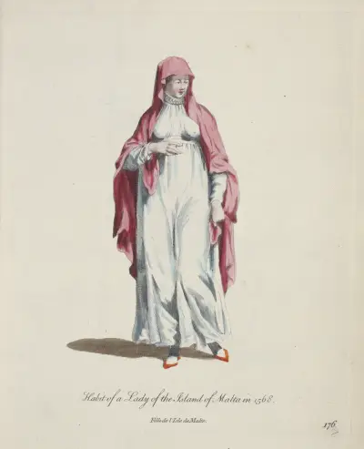 Habit of a lady of the Island of Malta in 1568. Fille de l’Isle de Malta. av Charles Grignion
