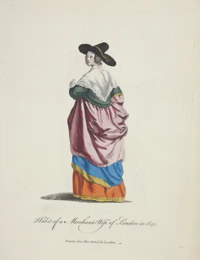 Habit of a merchant’s wife of London in 1640. Femme d’un marchand de Londres. av Charles Grignion