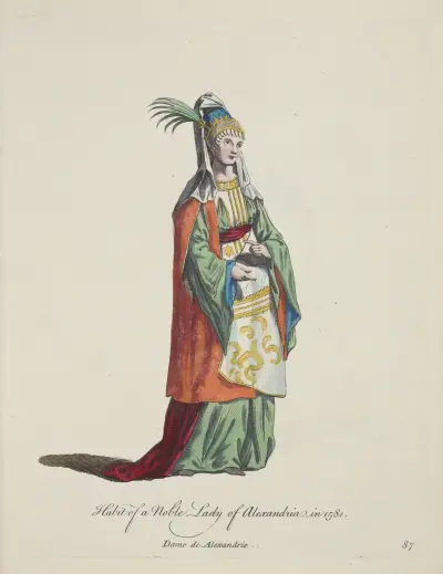 Habit of a noble lady of Alexandria in 1581. Dame de Alexandrie. av Charles Grignion