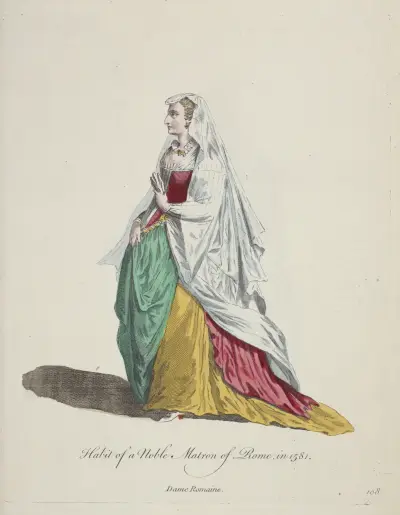 Habit of a noble matron of Rome in 1581. Dame Romaine. av Charles Grignion