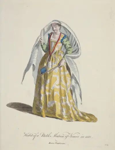 Habit of a noble matron of Venice in 1581. Dame Venitienne. av Charles Grignion