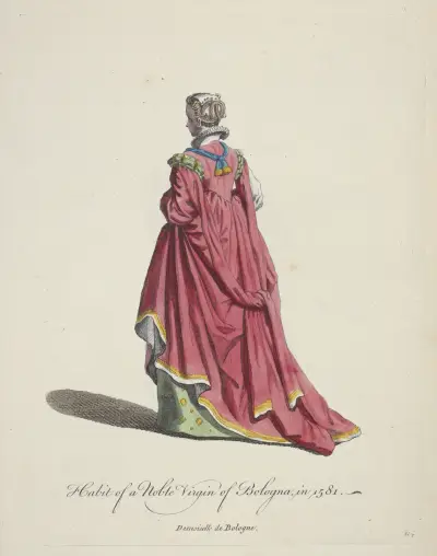 Habit of a noble virgin of Bologne in 1581. Demoiselle de Bologne. av Charles Grignion