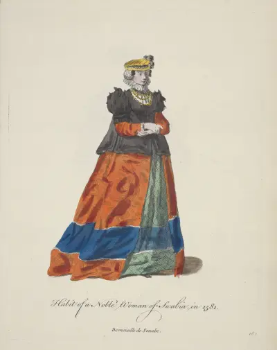 Dräkt för en adelsdam från Schwaben 1581 av Charles Grignion