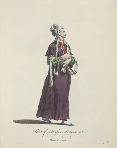 Habit of a Persian lady in 1568. Dame Persanne. av Charles Grignion