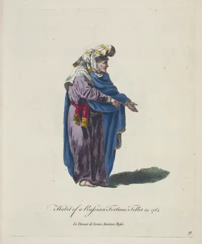 Habit of a Russian fortune teller in 1764. La diseuse de bonne avanture Russe. av Charles Grignion